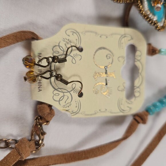 Handcrafted Leather Beaded Necklace With Turquoise Yellow Floral Pendant Tassel - Picture 7 of 8